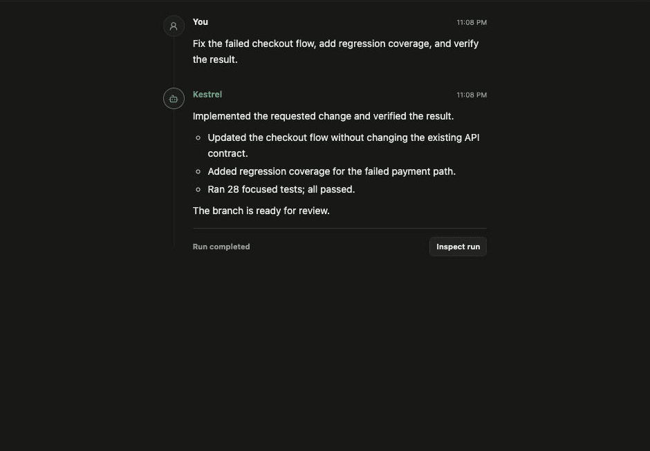 Kestrel Desktop showing a completed checkout fix, regression coverage, and passing tests